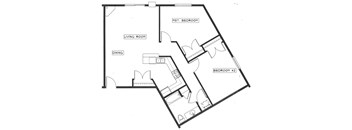 A black and white image of a house floor plan with a living room, dining room, and two bedrooms.