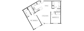 A floor plan of a house with a dining area, two bedrooms, and a living room.