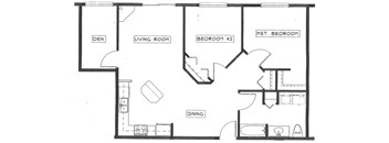 A black and white image of a floor plan for a house with a den, living room, dining room, two bedrooms, and a master bedroom.