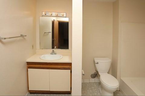 A bathroom with a toilet, sink, and mirror.