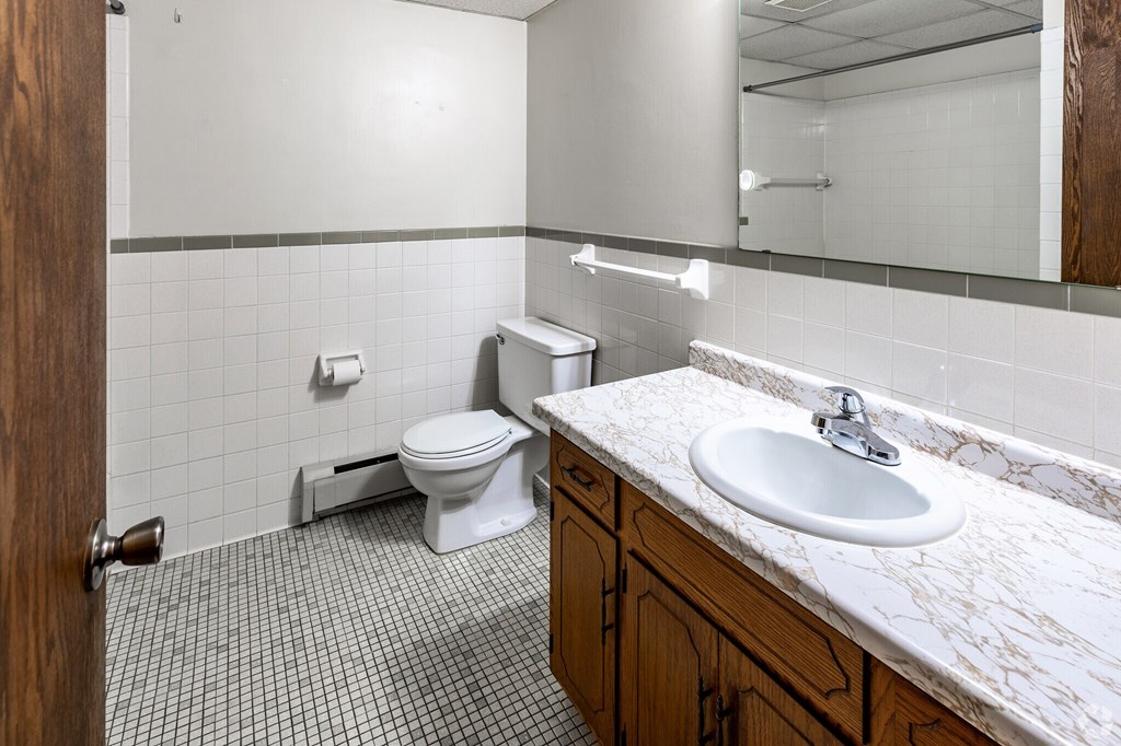 A bathroom with a toilet, sink, and mirror.