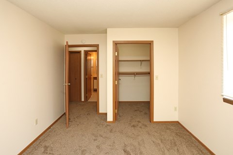 A room with a carpeted floor and a closet with a door.