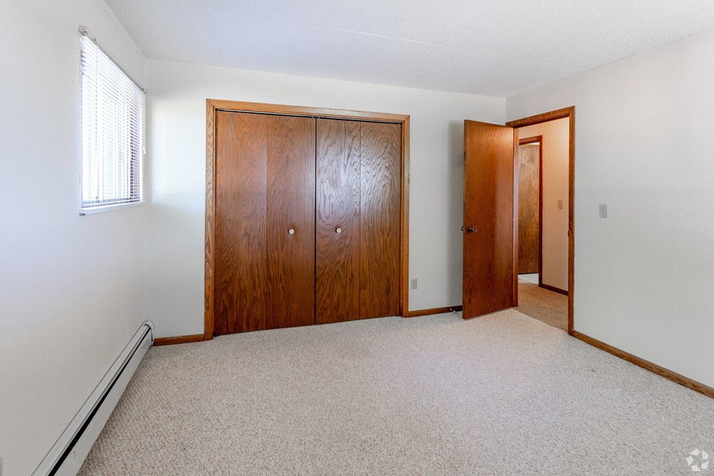 A room with a carpeted floor and two wooden doors.