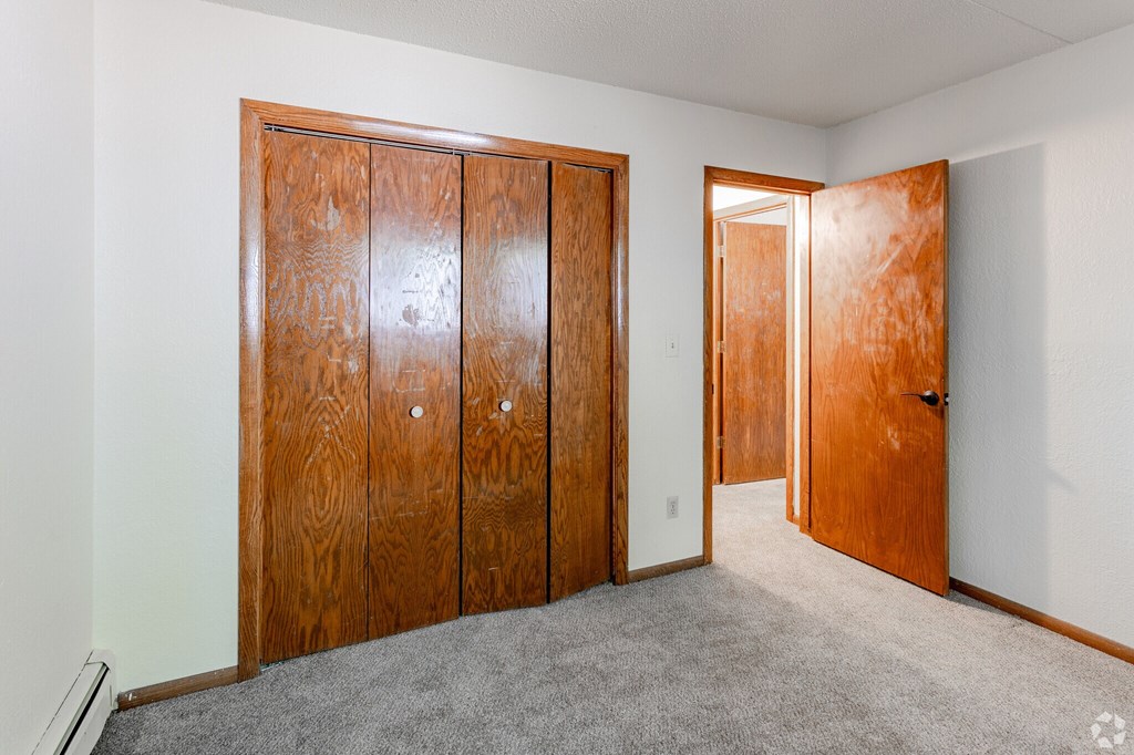 A room with a carpeted floor and two wooden doors.