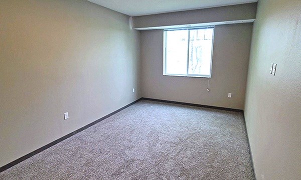 an empty living room with a window and carpet