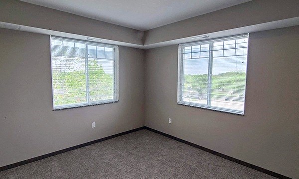 a living room with two windows and a carpet