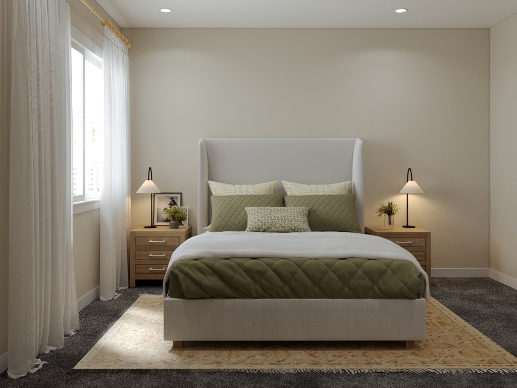 a bedroom with a bed and two nightstands and a window