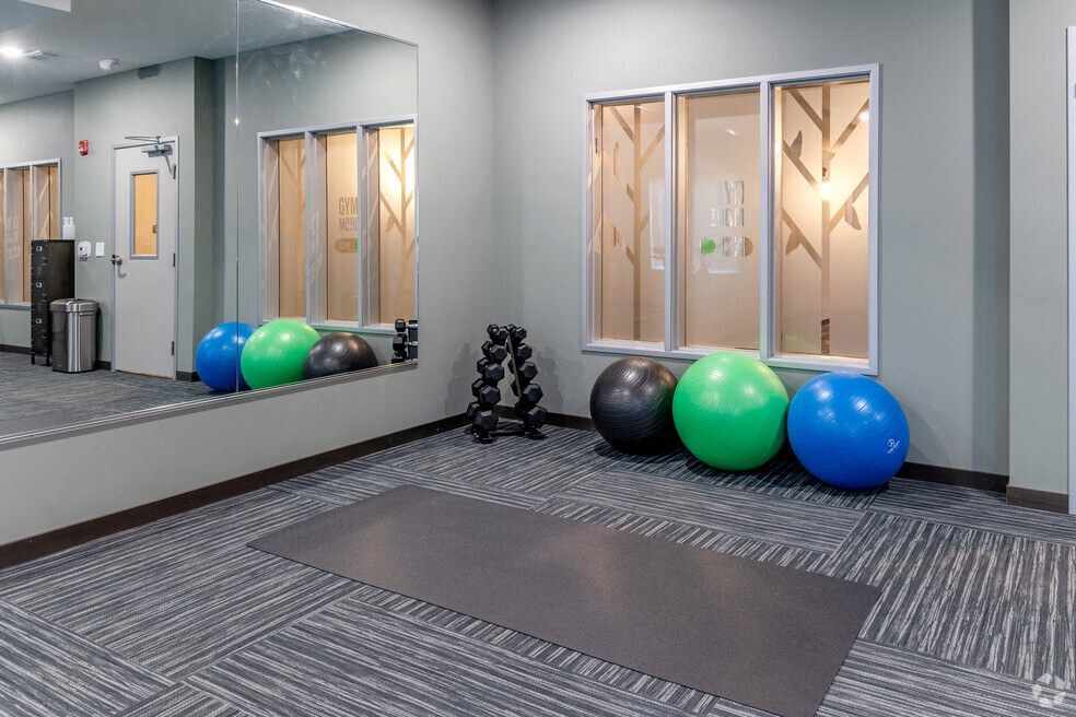 an exercise room with pilates balls and dumbbells