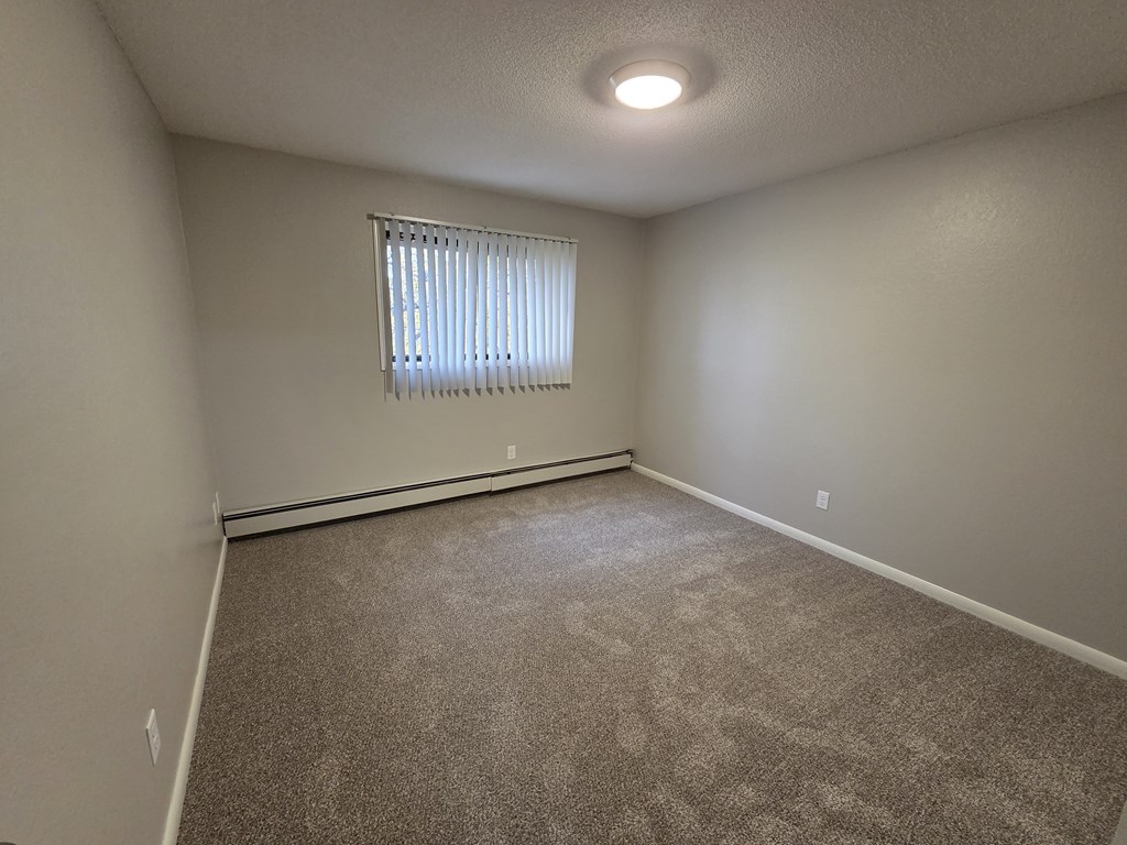 A room with a carpeted floor and a window with blinds.