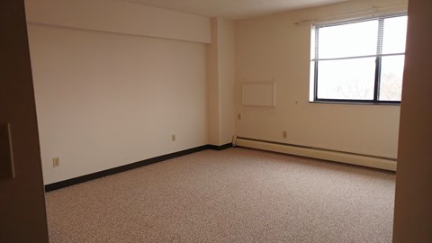 A room with a carpeted floor and a window.