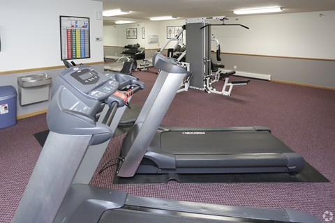 A treadmill and a stationary bike are in a gym.