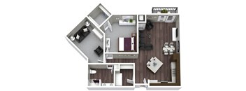 A top-down view of a house layout with a kitchen, living room, and bedrooms.