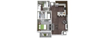A top-down view of a small apartment with a bedroom, living room, and kitchen.