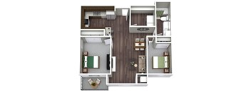 A top-down view of a small apartment with a living room, kitchen, and two bedrooms.