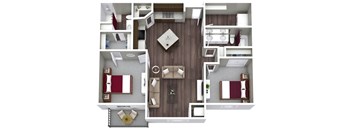 A top-down view of a living room with a couch, coffee table, and kitchen area.