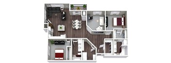 A 3D floor plan of a small apartment with a kitchen, living room, and bedroom.