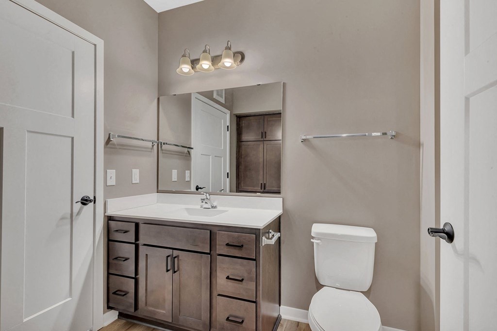 A bathroom with a white toilet, sink, and wooden cabinets.