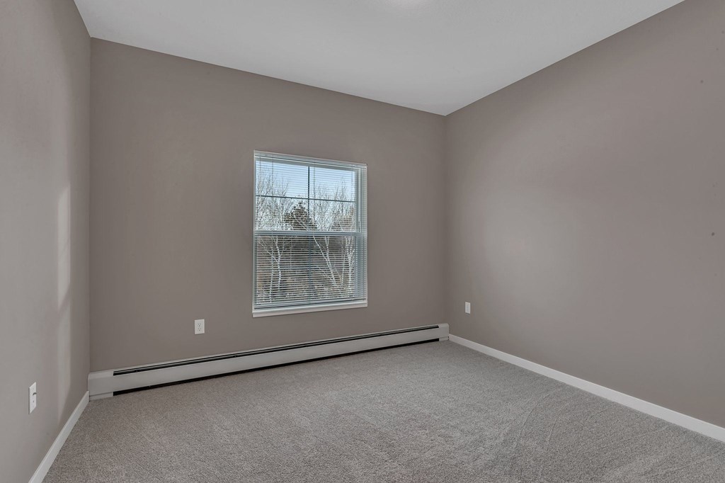 A room with a window showing a tree outside.