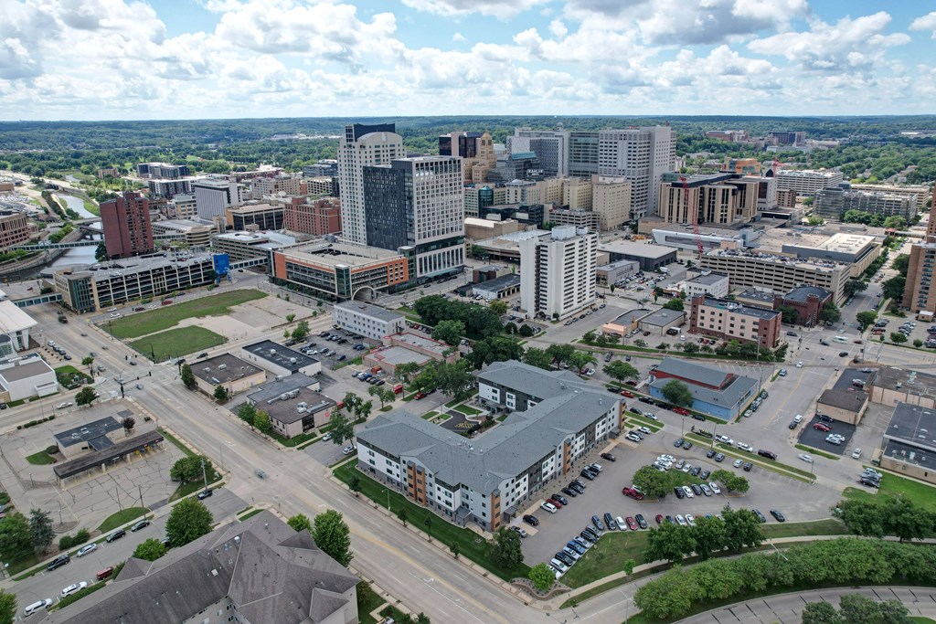 A cityscape with buildings and roads.