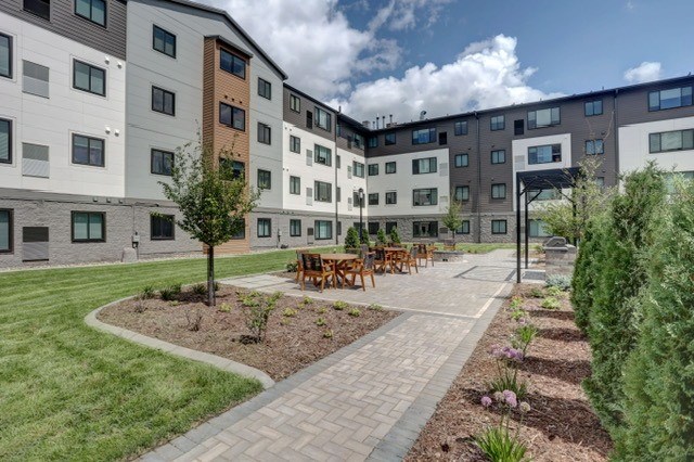 A courtyard with a grassy area, a tree, and a bench surrounded by apartment buildings.