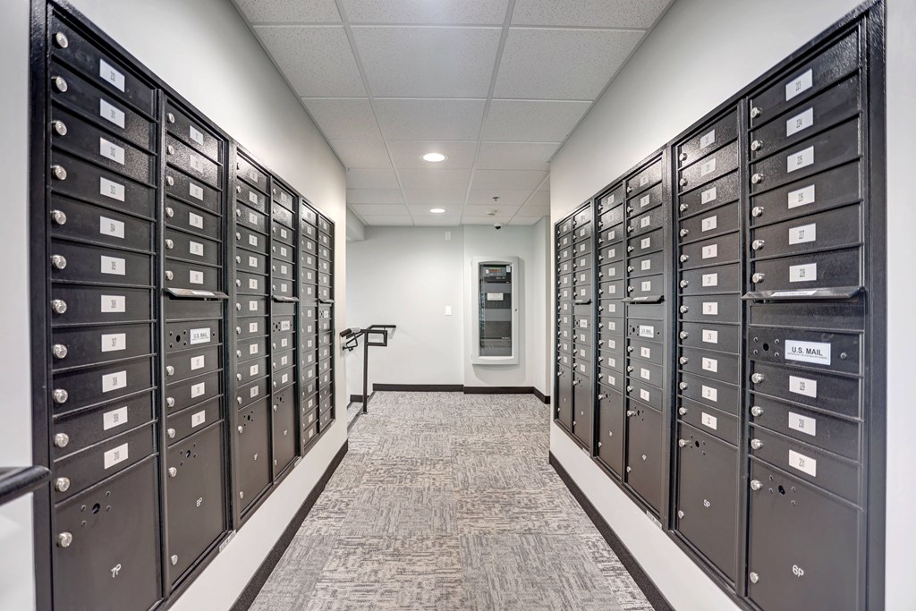 A long hallway with rows of mailboxes on both sides.