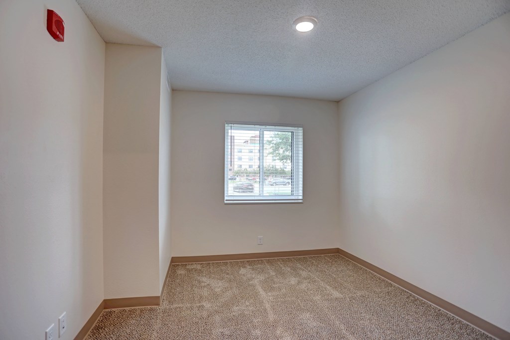 A room with a carpeted floor and a window.