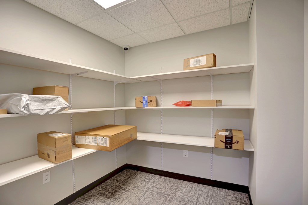 A storage room with white shelves and boxes on them.