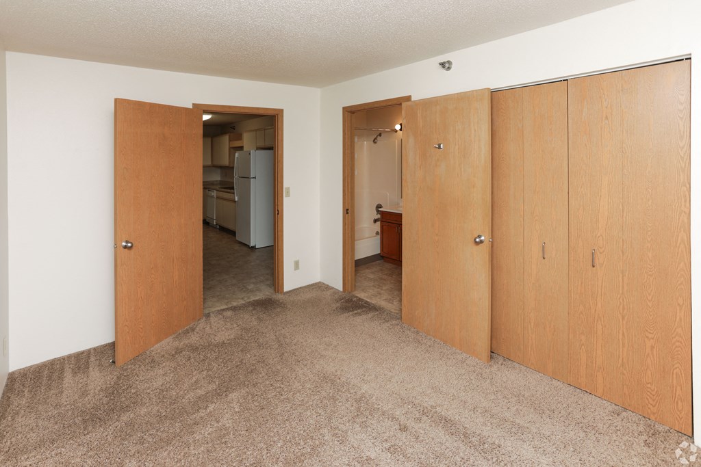 A room with a carpeted floor and wooden doors.