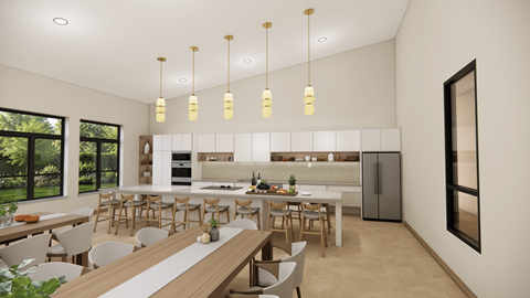 A modern kitchen with a dining table and chairs.
