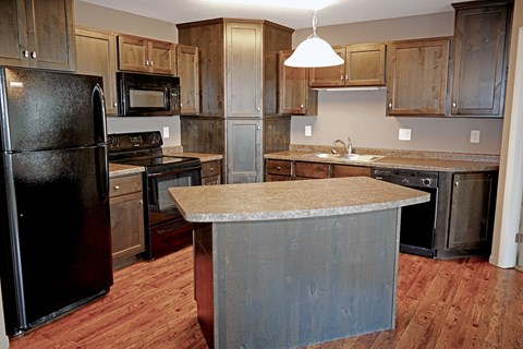 A kitchen with a black refrigerator and wooden cabinets.