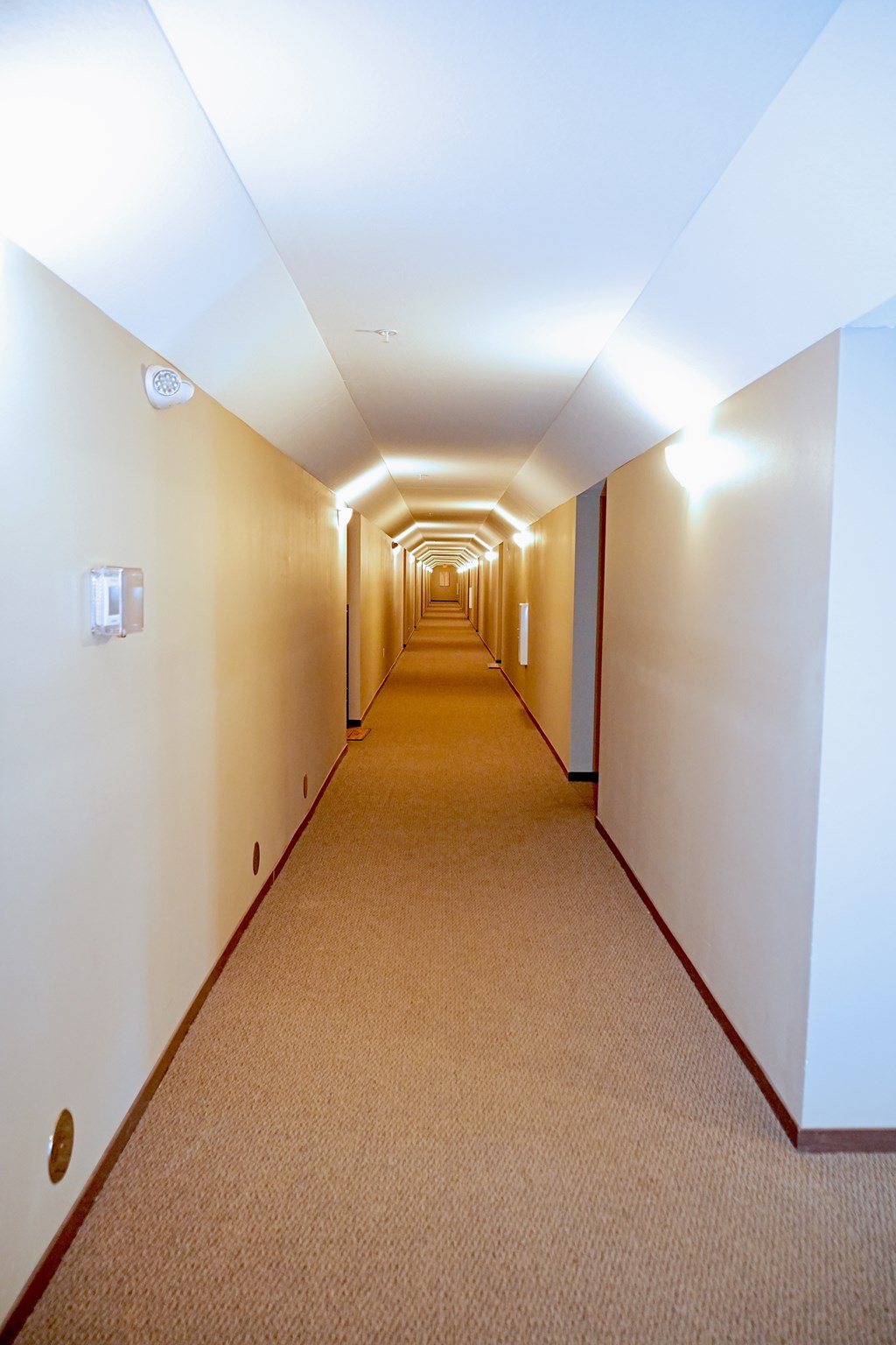 A long hallway with carpeted floors and white walls.