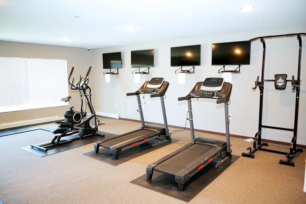 A gym with treadmills, elliptical machines, and exercise bikes.