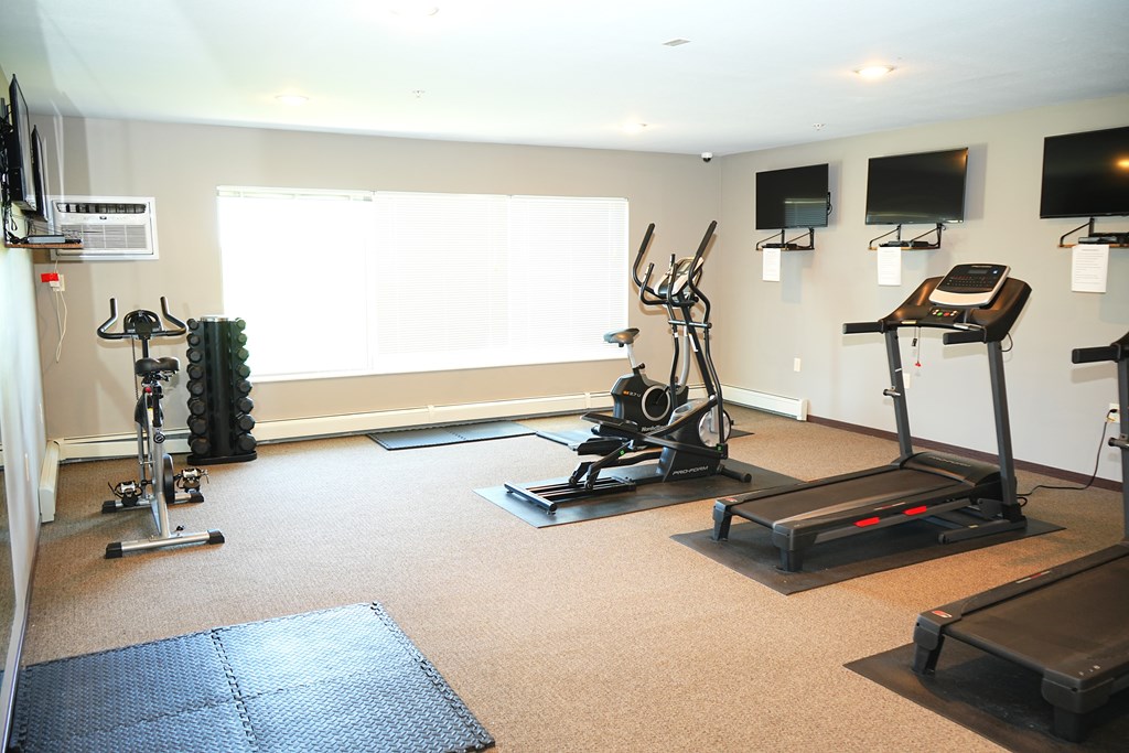 A home gym with a treadmill, exercise bike, and other equipment.