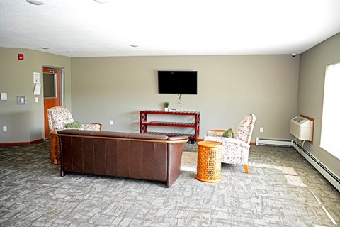 A living room with a brown couch, a chair, and a television.