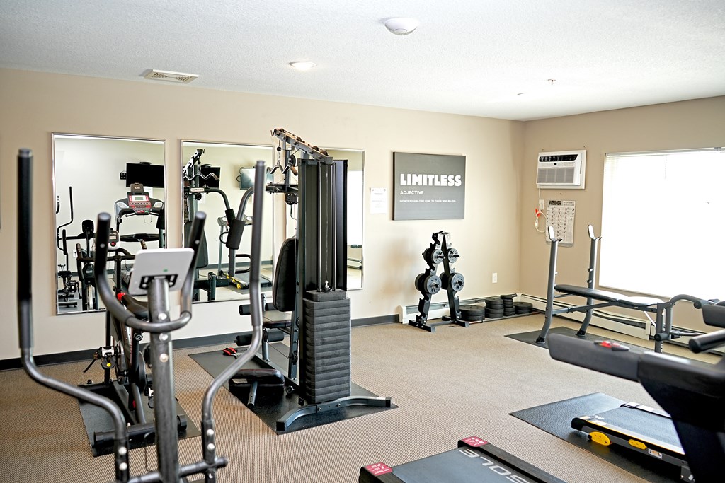 A gym with a mirror, weights, and cardio equipment.