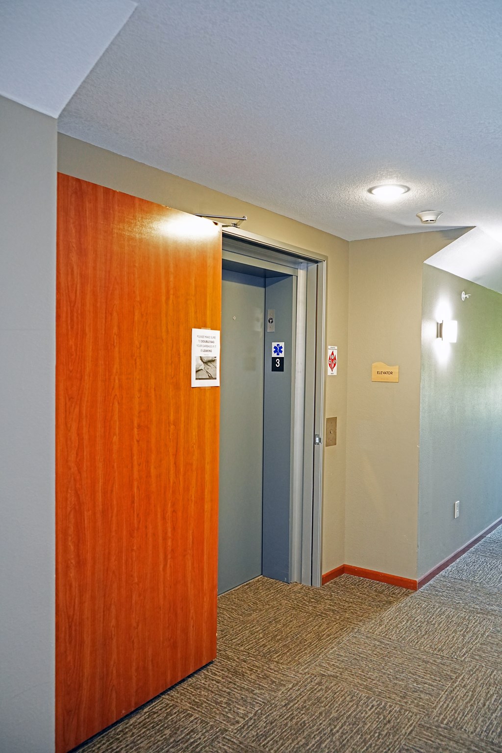 A hallway with a wooden door and a blue door.