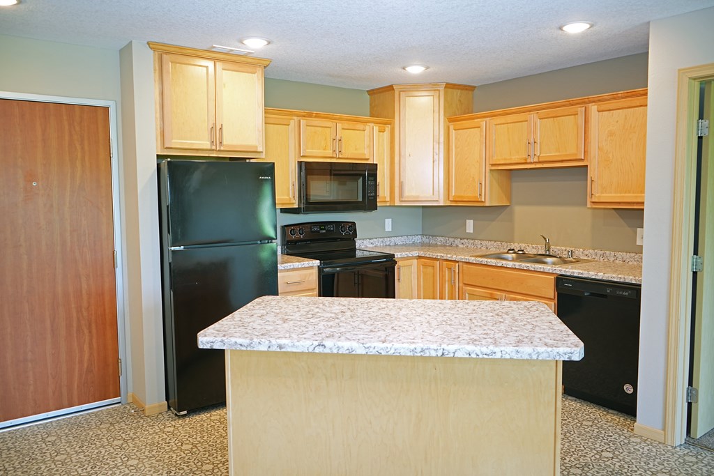 A kitchen with a black refrigerator and wooden cabinets.