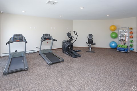 A room with treadmills, exercise balls, and other equipment.