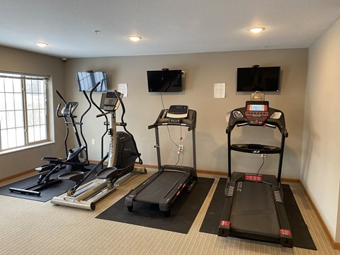 A gym room with treadmills, elliptical machines, and a television.