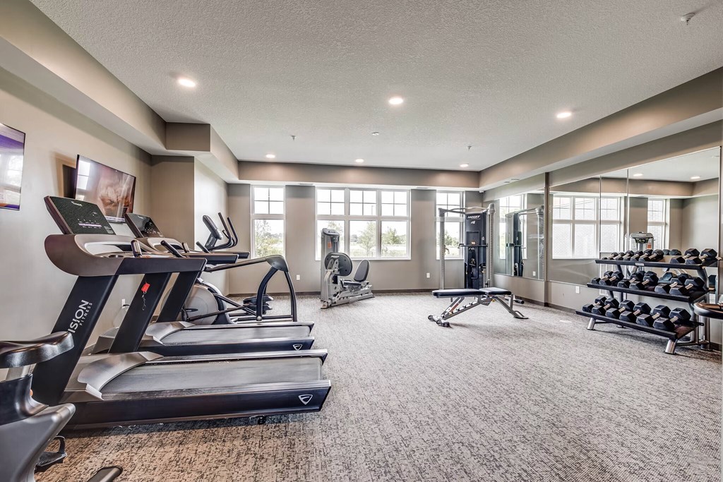 a gym with treadmills and other exercise equipment in a room with windows