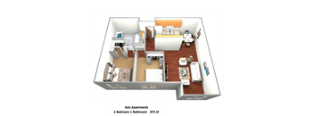 2 BD 1 Bath 875 SF