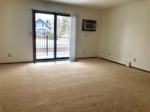 A room with a carpeted floor and a sliding glass door.