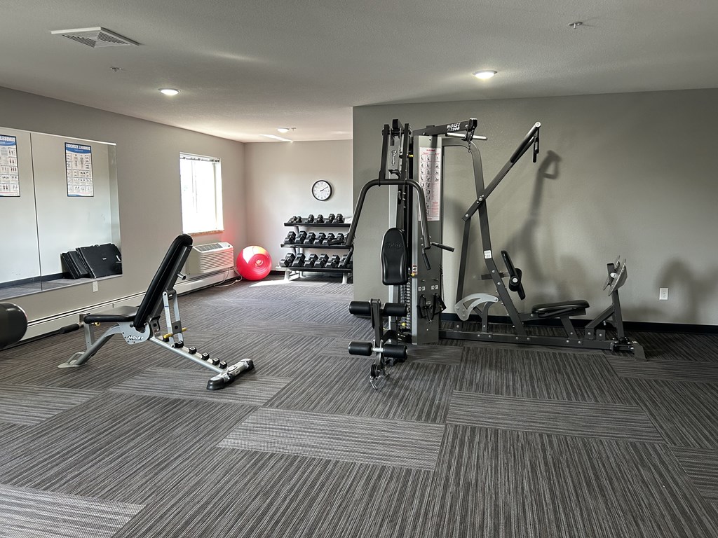 A gym with a variety of equipment including a leg press machine, a chest press machine, and a weight rack.