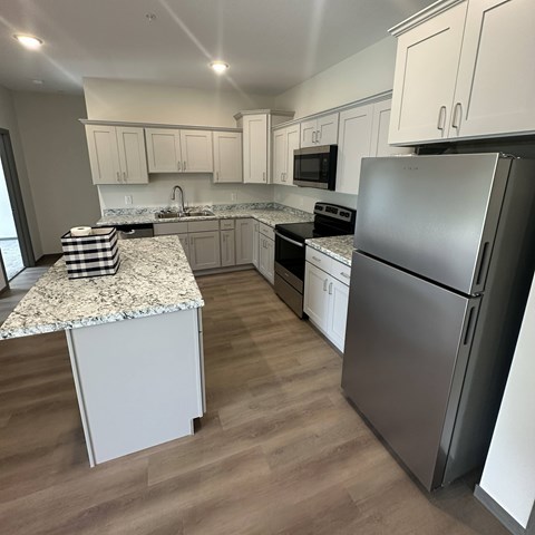 A kitchen with a granite countertop and stainless steel appliances.