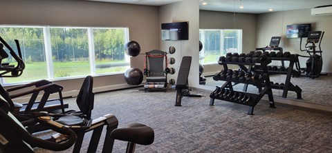 A well equipped home gym with a television.