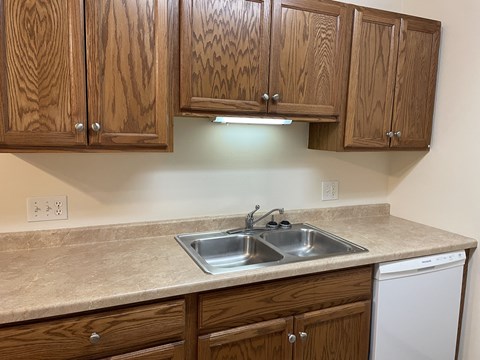 A kitchen with wooden cabinets and a marble countertop.