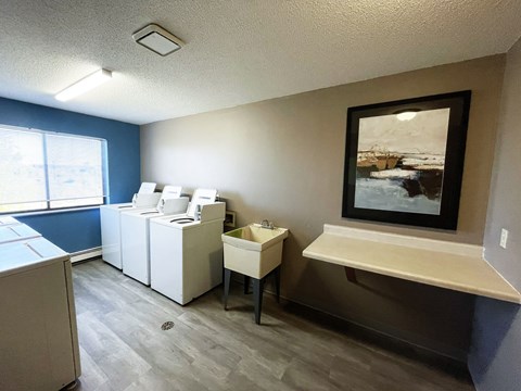 A room with a large painting on the wall and a row of washing machines.