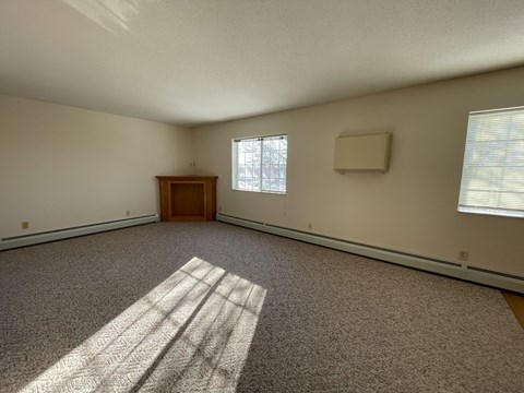 A room with a carpeted floor and a wooden door.