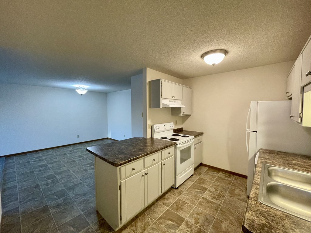 A kitchen with a stove top oven and a refrigerator.
