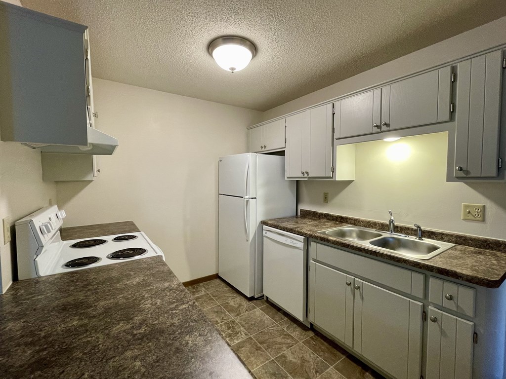 A kitchen with a white refrigerator and cabinets.